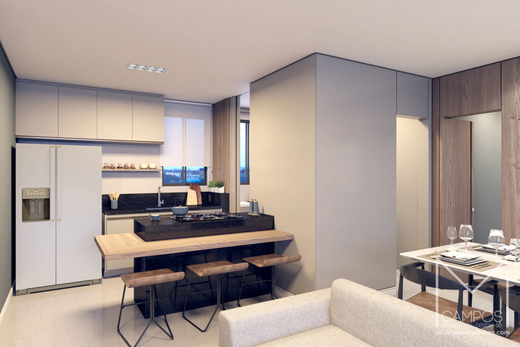Design de interiores e Maquete eletrônica 3D - Cozinha integrada com sala