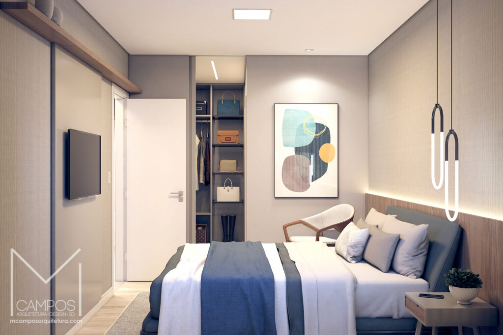 Design de interiores e Maquete eletrônica 3D - Quarto suíte casal com closet