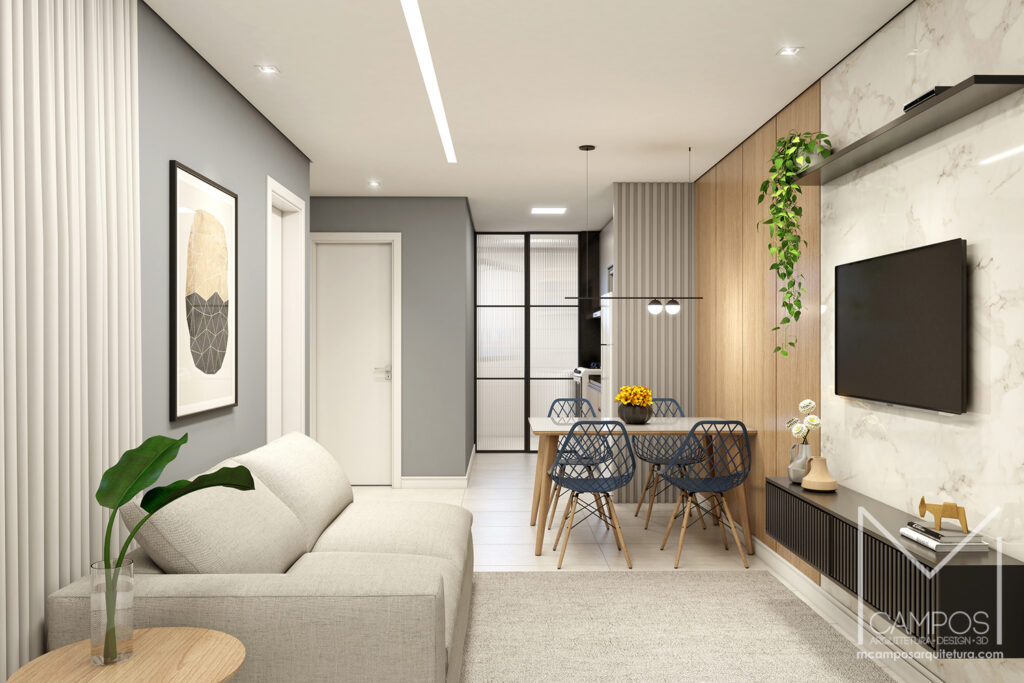 Design de interiores e Maquete eletrônica 3D - Sala de estar integrada com cozinha
