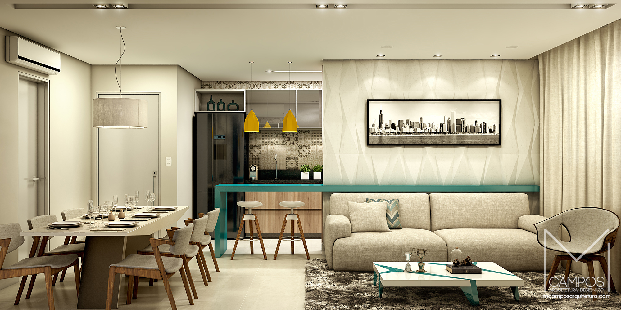 Design de interiores e Maquete eletrônica 3D - Sala de estar | Jantar | Cozinha