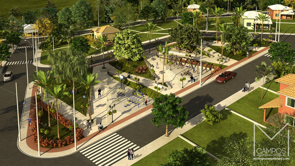 Praça - Maquete Eletrônica 3D - Loteamento residencial - Van Damme - projeto urbano